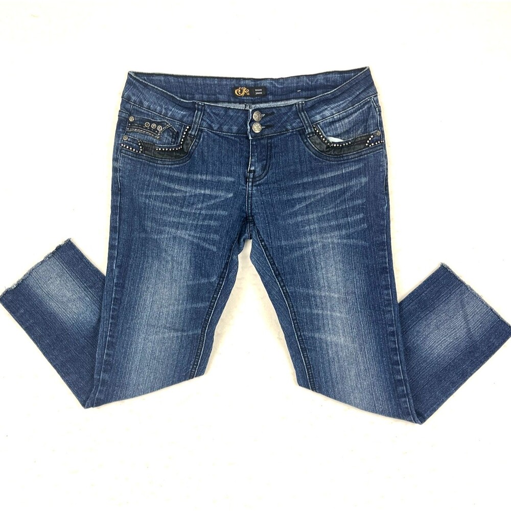 Voice Jeans Womens SZ 7 Dark Blue Skinny Denim Low Rise Rhinestones Distressed
